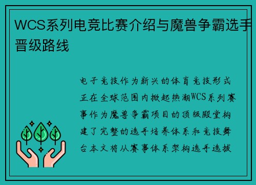 WCS系列电竞比赛介绍与魔兽争霸选手晋级路线