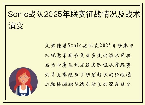 Sonic战队2025年联赛征战情况及战术演变